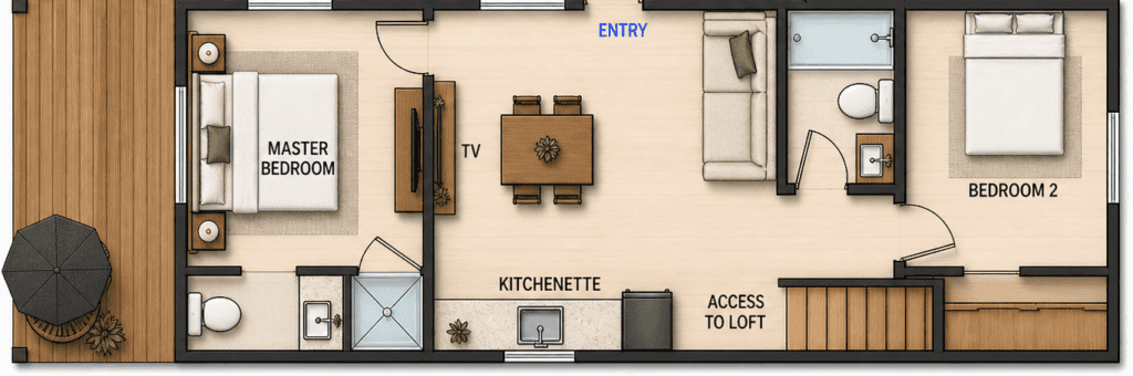 Compact tiny home floor plan with two bedrooms and kitchenette.