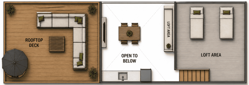 Floor plan of a modern Zip Kit Homes rooftop deck and loft area.