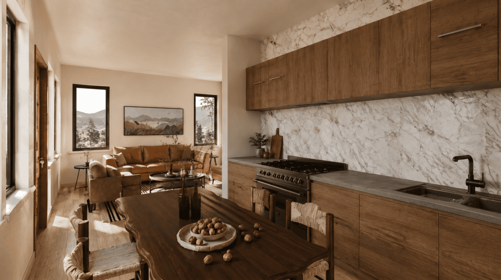 Big Sky Kitchen, dining and Living room. Mountain modern cabin, the perfect small vacation home.