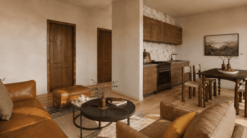 Big Sky Living, Dining, and Kitchen. Mountain modern cabin wiht boho style interior finish, the perfect small vacation home.