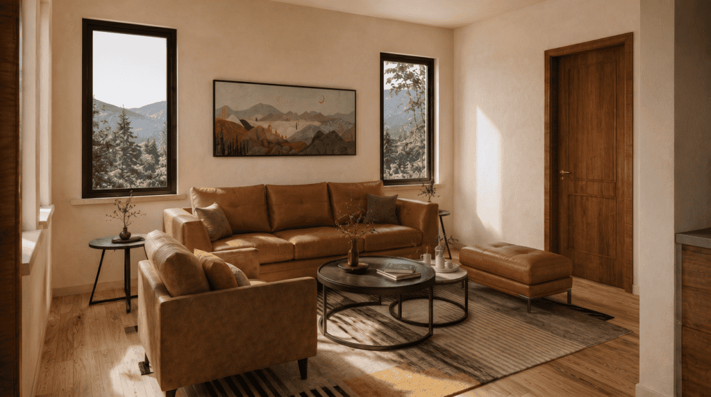 Big Sky living room, with rustic boho mountain modern interior design style. The perfect small vacation home.