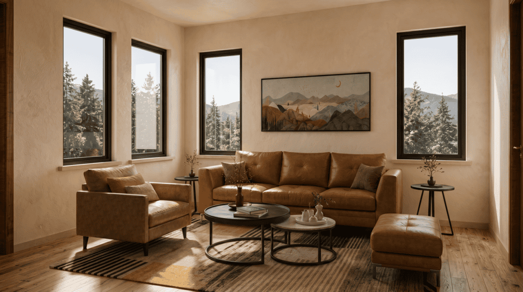 Big Sky living room, with rustic boho mountain modern interior design style. The perfect small cabin for your vacations to the mountains.