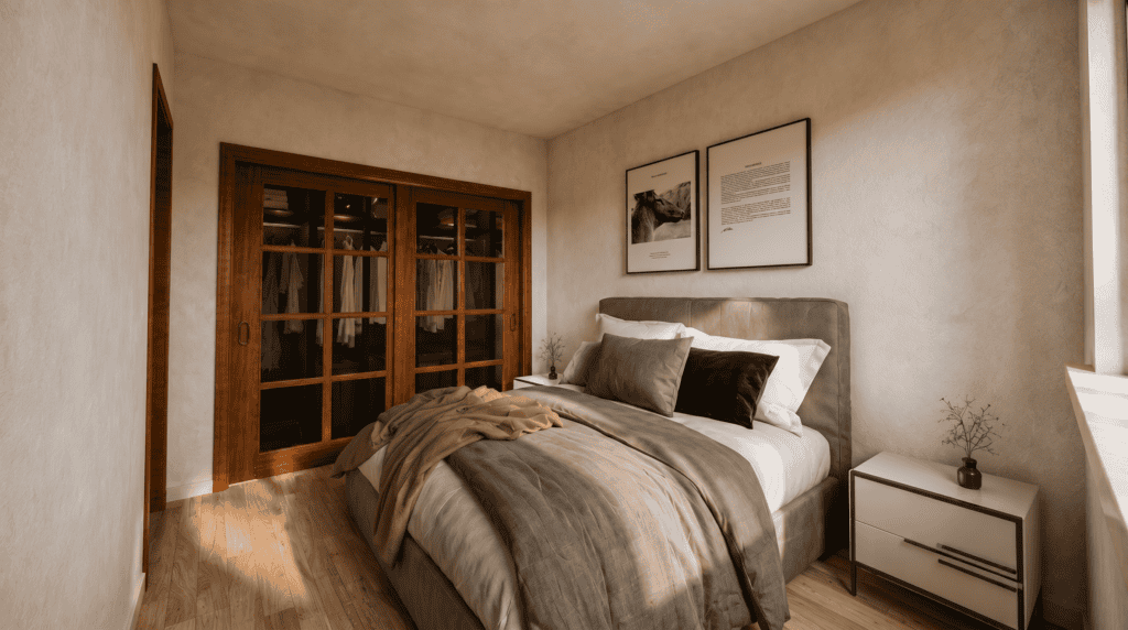 Big Sky Master Bedroom, Primary Bedroom. Mountain Modern cabin with organic and neutral interior decorations.