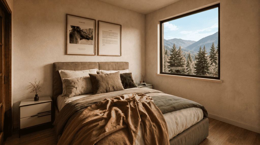 Big Sky Master Bedroom, Primary Bedroom. Mountain Modern cabin with organic and rustic boho style interior decorations.