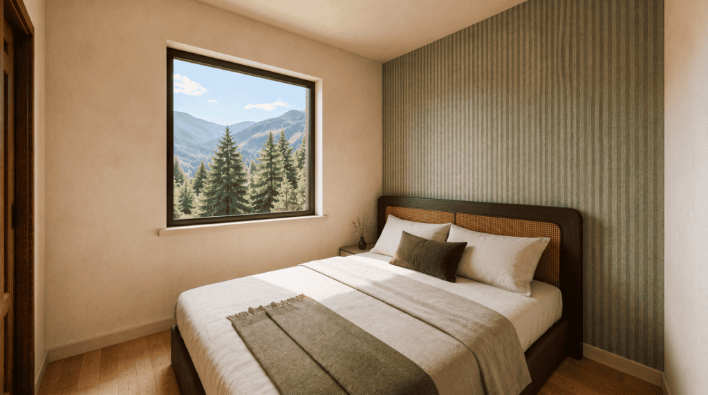 Big Sky second bedroom, with earthy modern interior design style. The perfect Mountain modern tiny vacation home and cabin.