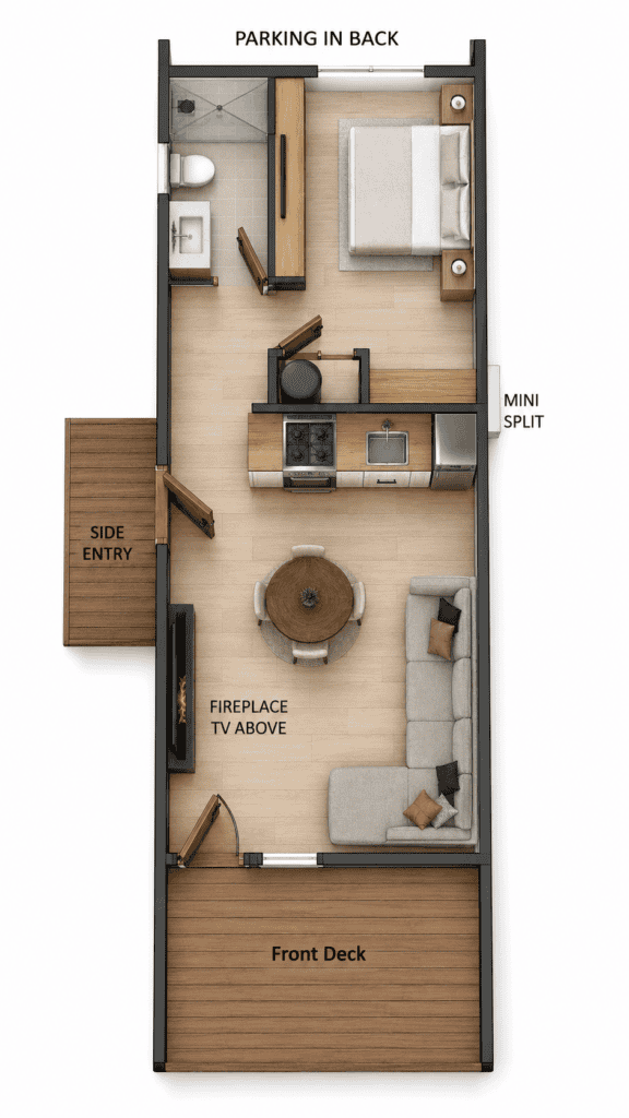 Interior layout of Gallatin tiny home with living, kitchen, bedroom, and bathroom.