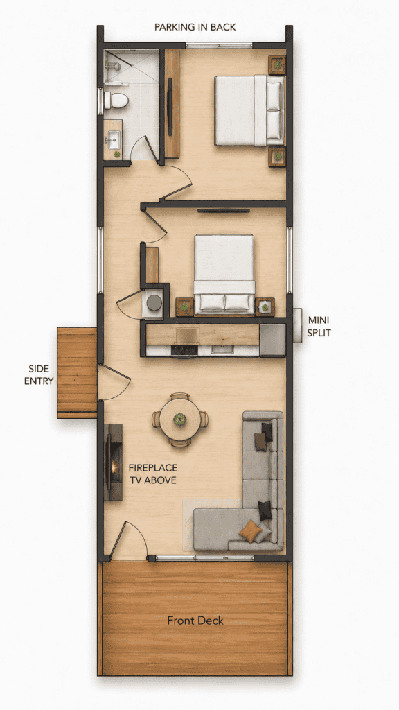 Floor plan of Gallatin II tiny home with front deck, living area, kitchen, bedroom, and bathroom.