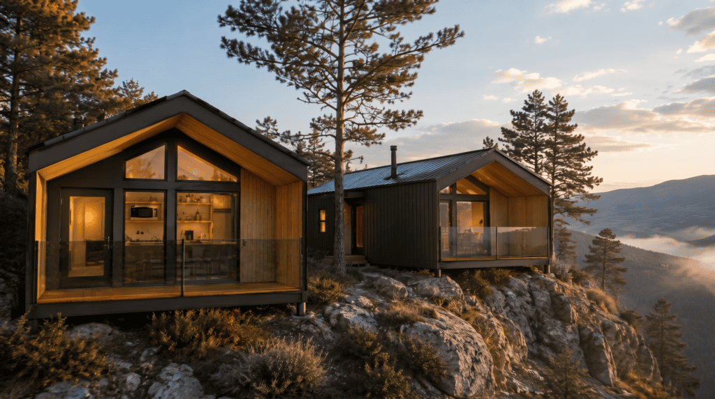 Modern modular homes on rocky terrain with mountain views at sunset.