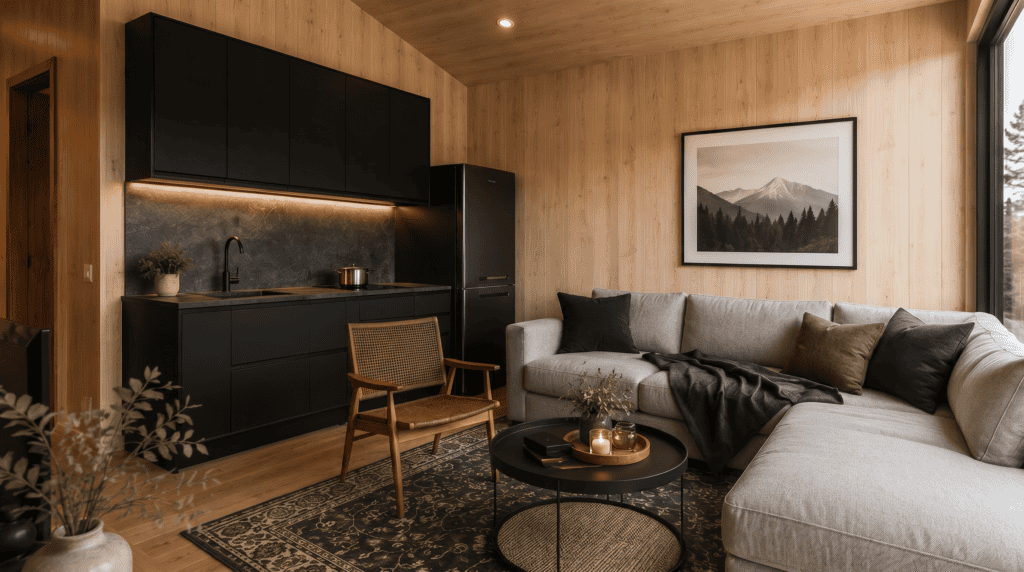 Gallatin II Living room and Kitchenette. Modular homes made by Zip Kit Homes.