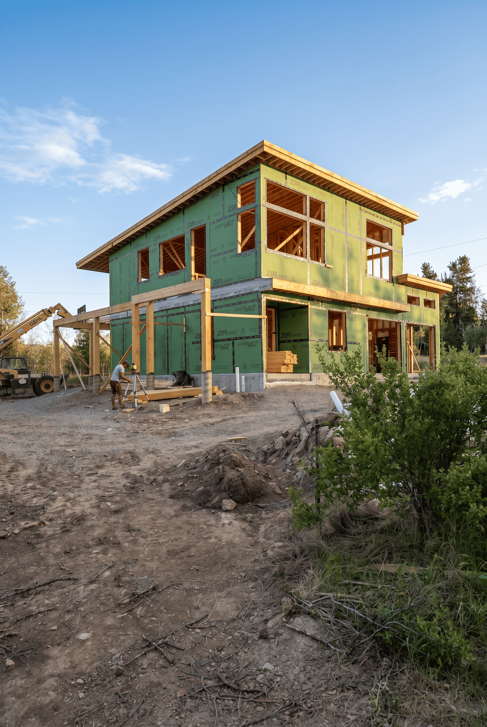 Bozeman custom home during construction in a desert location just before sunset.