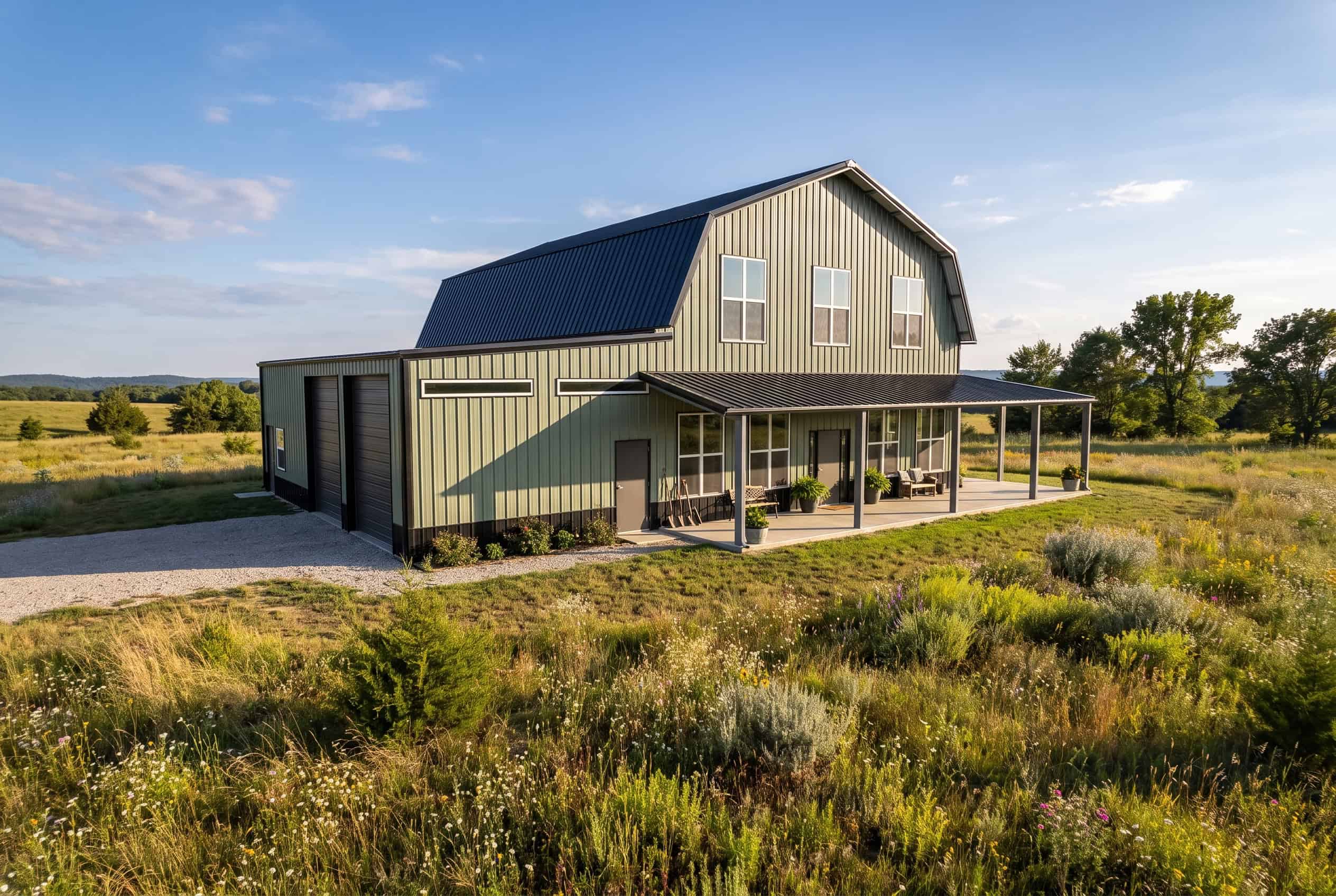 Modern barn-style Zip Kit Home with large porch in rural setting.