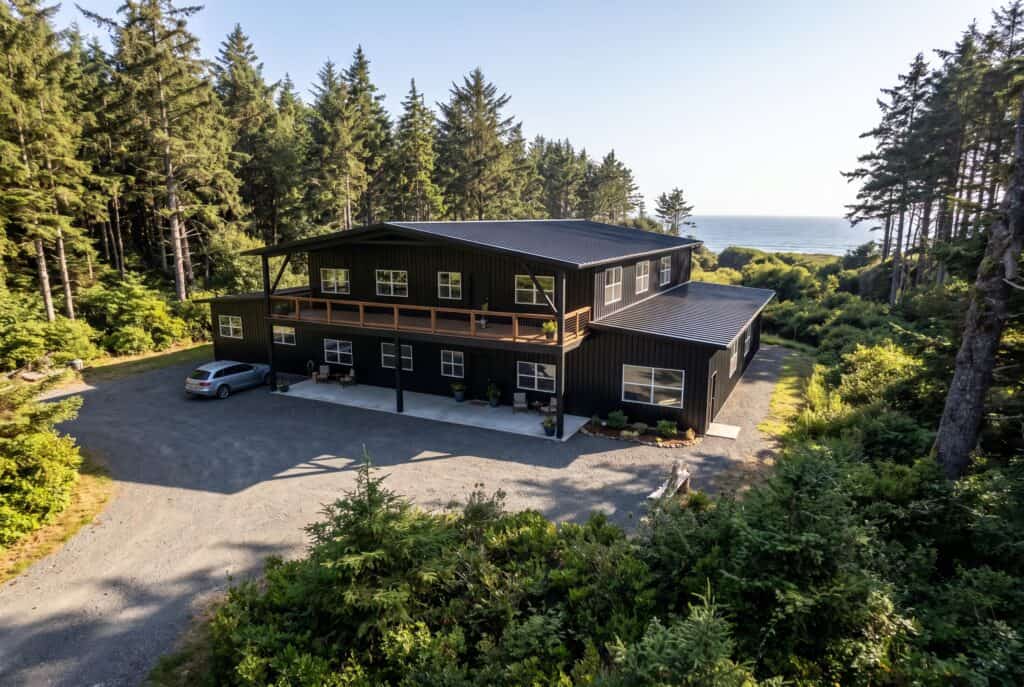 Contemporary Zip Kit home with black exterior in wooded landscape.