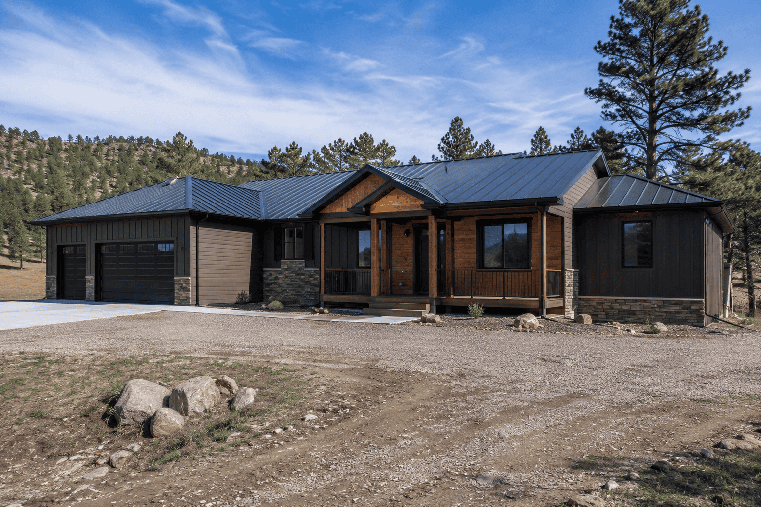 Contemporary Zip Kit home with black metal roof and wooden accents in South Dakota.