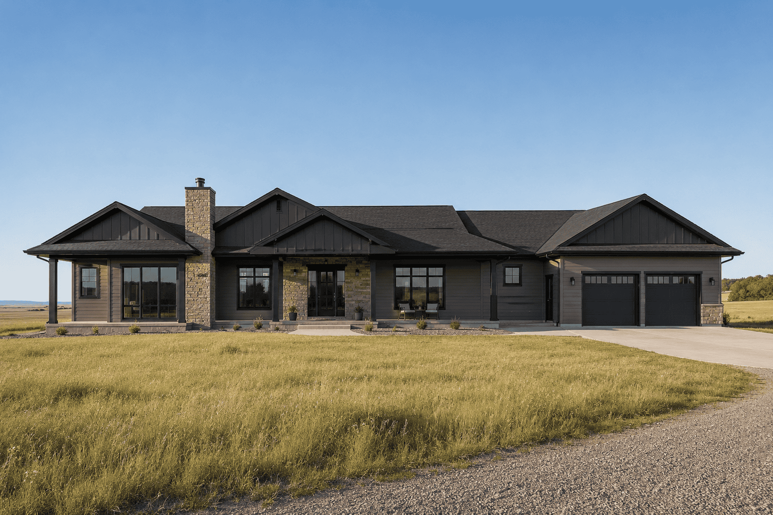 Modern black Zip Kit Home with large windows and attached garage in South Dakota.