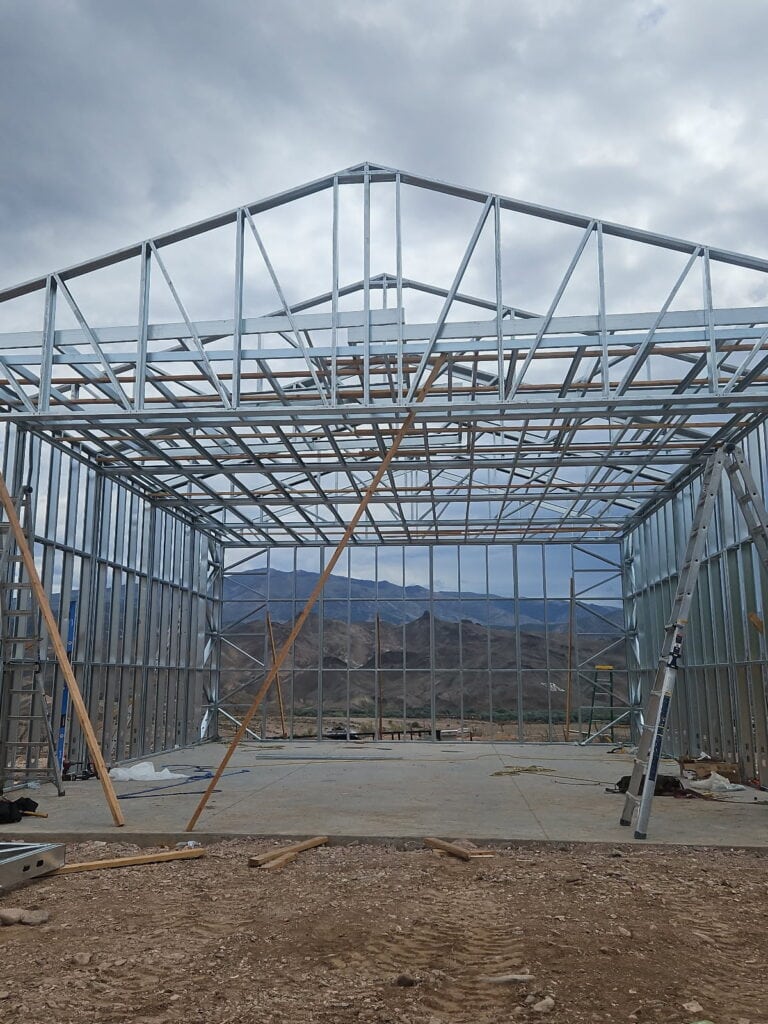 Galvanized steel roof trusses on a two-bay RV garage