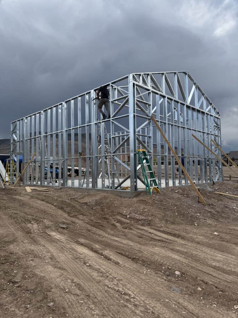 Light-gauge steel RV garage under construction in Marysvale, Utah