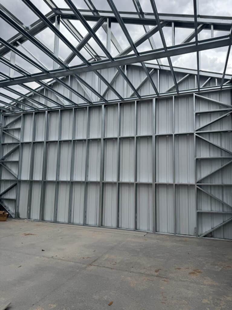 Interior light-gauge steel framing inside the Marysvale RV garage