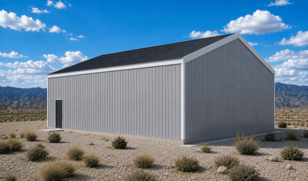 Large gray metal RV garage with a gable roof in a desert landscape.