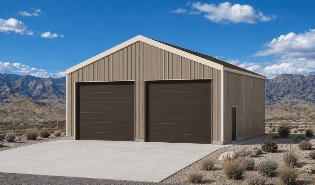 Modern RV garage with dual doors in desert landscape.