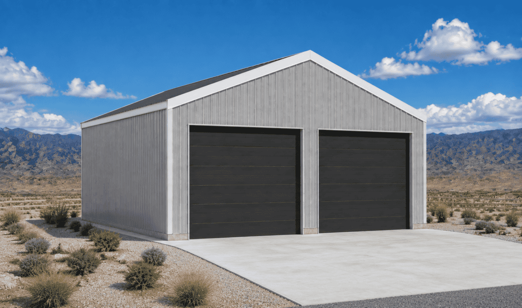 Modern RV garage with dual black doors in desert landscape.