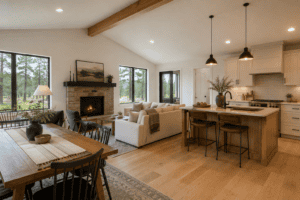 Spacious living room and kitchen in a Zip Kit home with large windows and cozy fireplace.