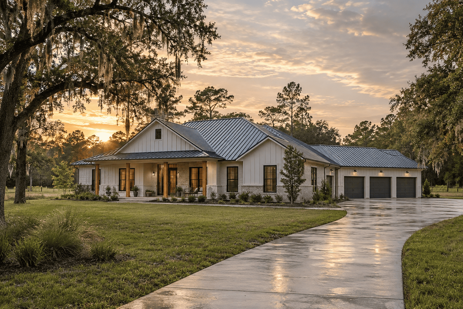 Contemporary Zip Kit home with spacious driveway and lush landscape in Florida.