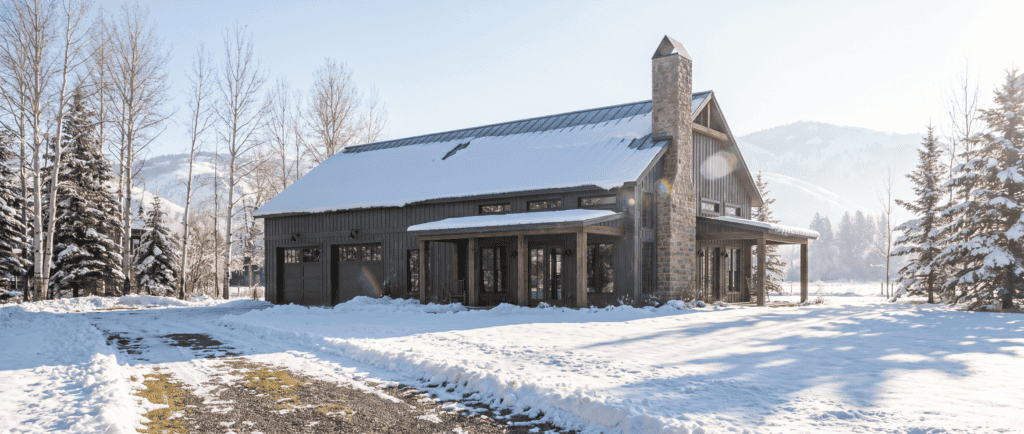 Contemporary mountain cabin with large windows and snow-covered landscape.
