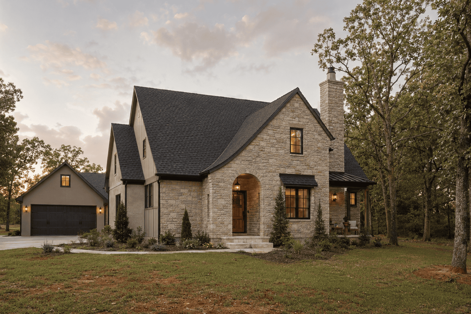 Beautiful stone house with black roof and chimney in Oklahoma.
