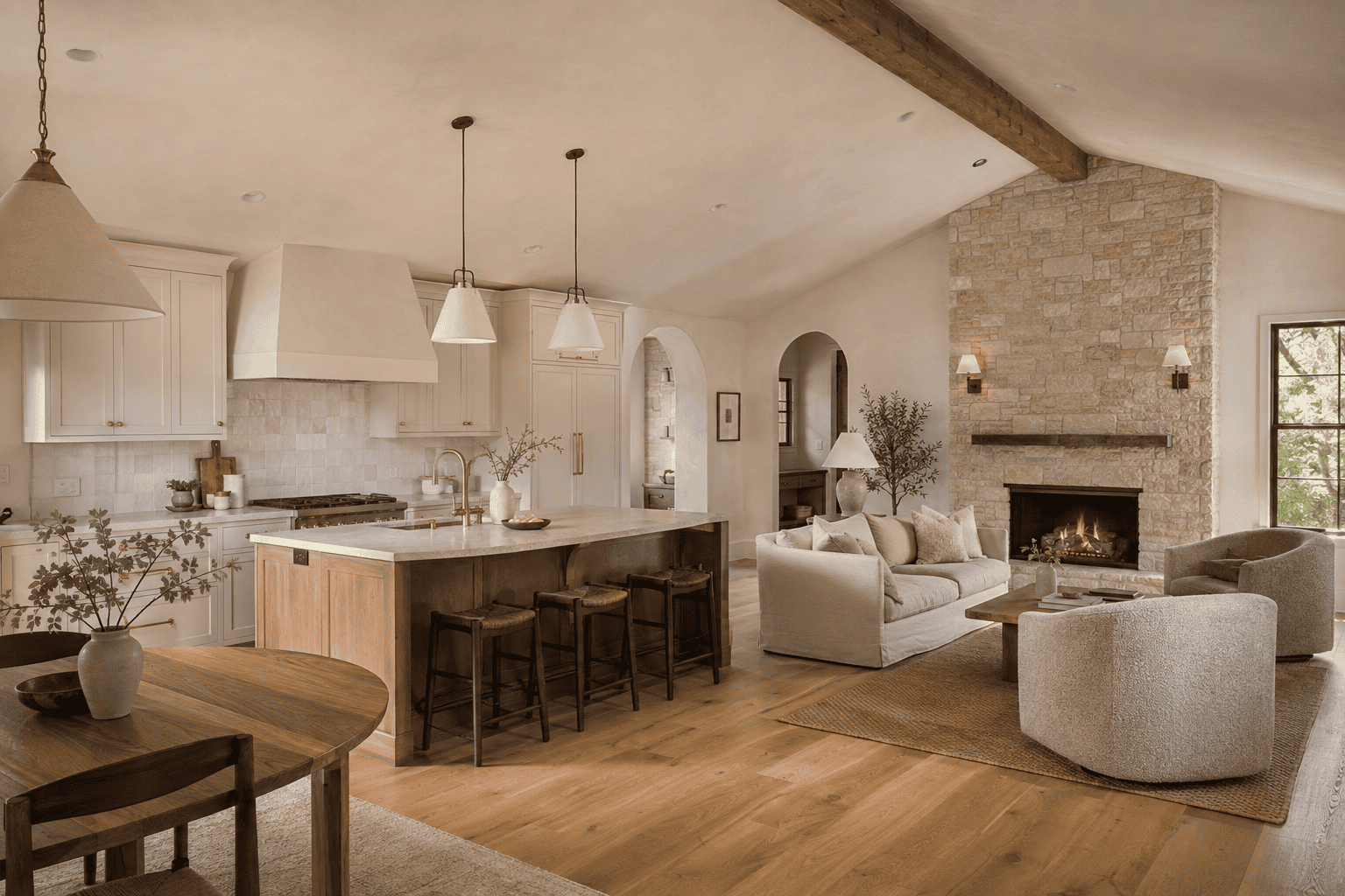 Open kitchen and living room inside an Oklahoma cottage-style home