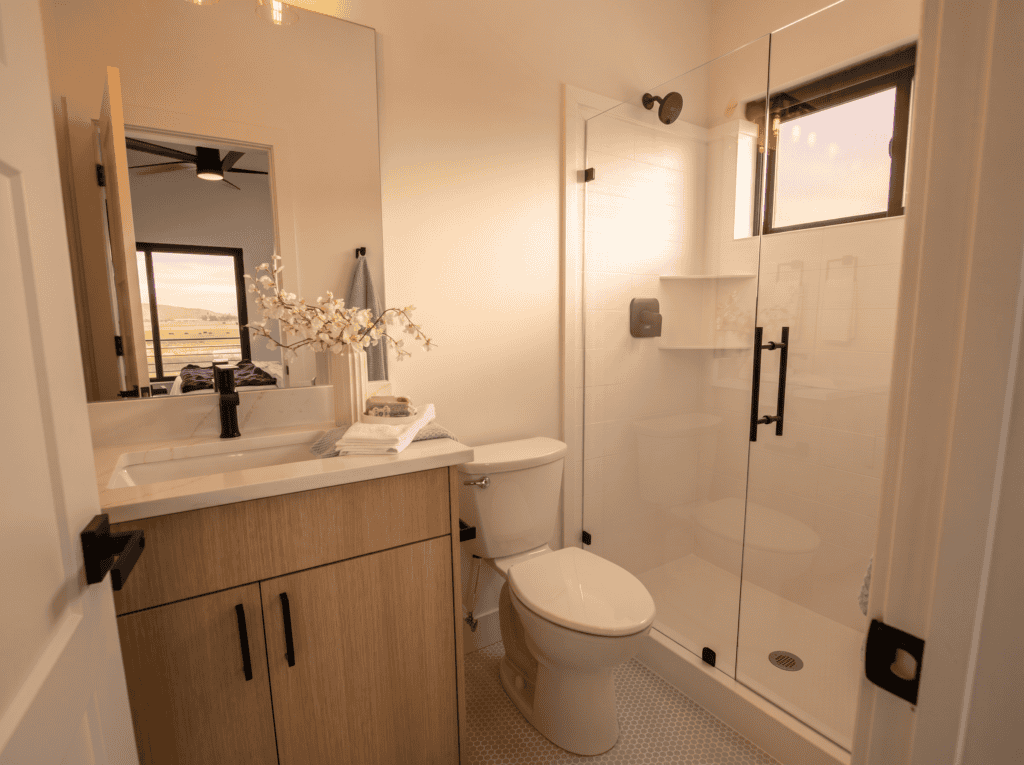 Bozeman Kit home interior by Zip Kit Homes. Mountain modern interior primary bathroom.