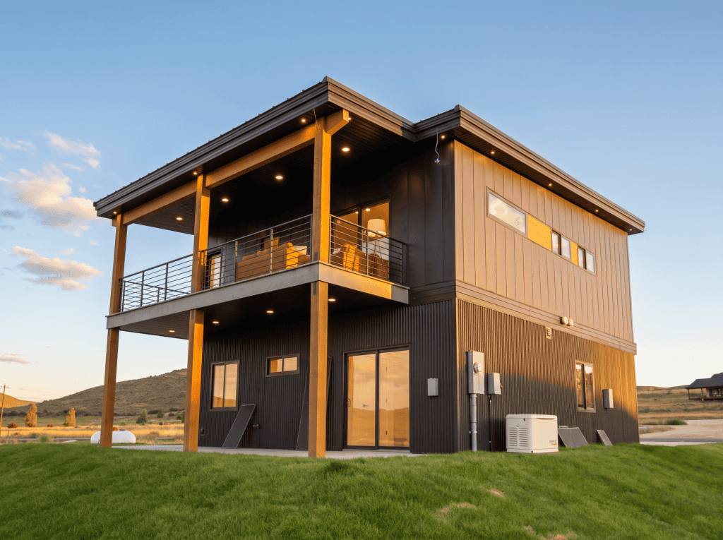 Bozeman Kit home large deck by Zip Kit Homes. Mountain modern panelized kit homes.