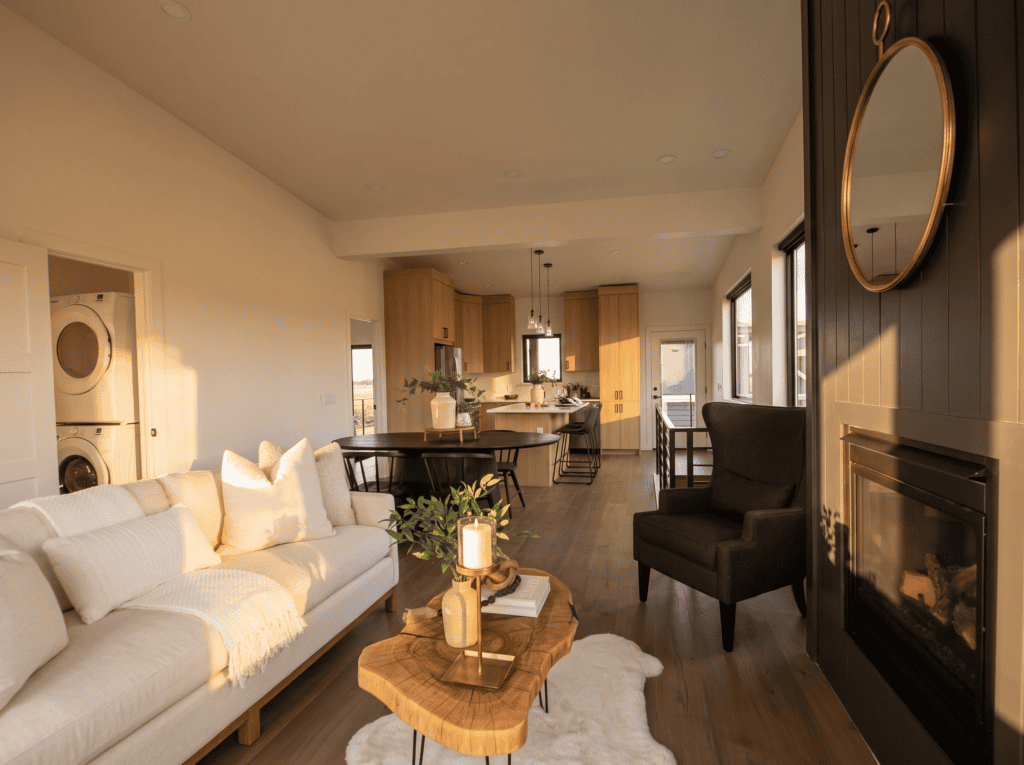 Bozeman Kit home interior by Zip Kit Homes. Mountain modern interior open concept with living room, dining room and kitchen in one large space.