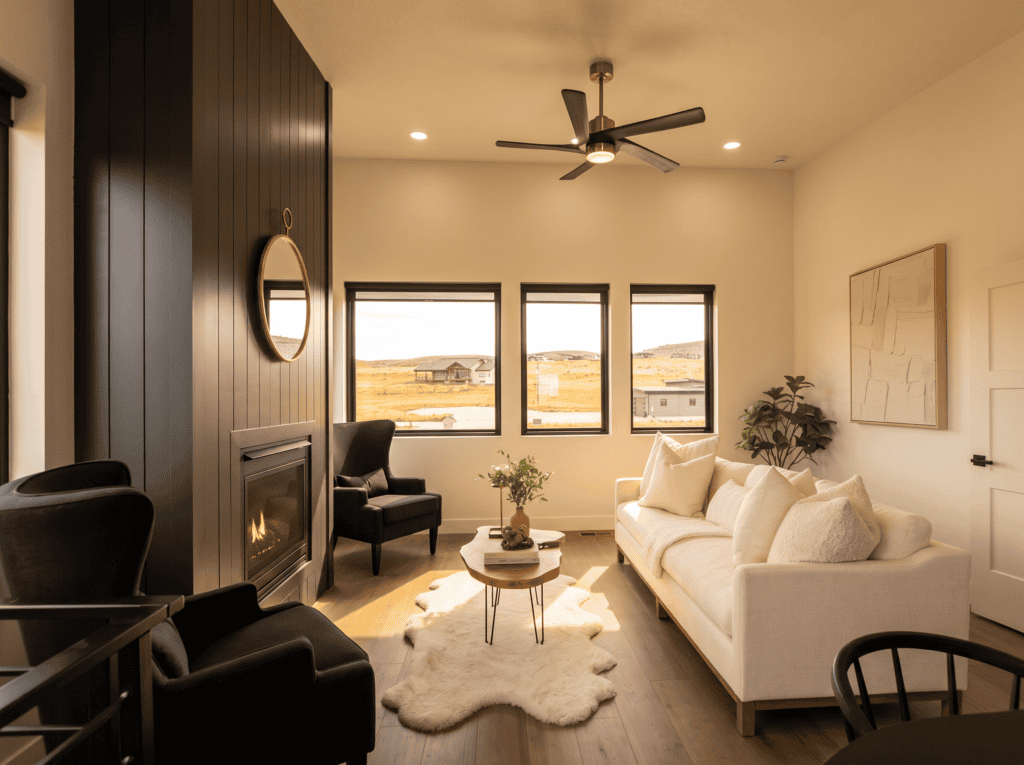 Bozeman Kit home interior by Zip Kit Homes. Mountain modern interior family and living room.