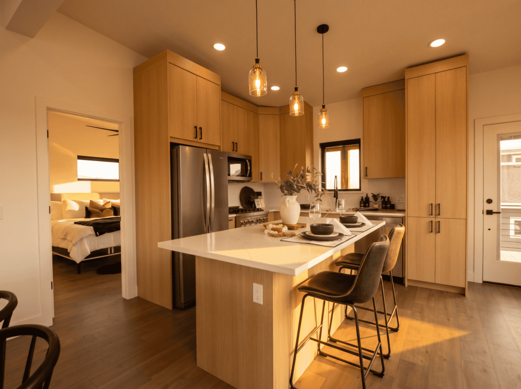 Bozeman Kit home interior by Zip Kit Homes. Mountain modern interior kitchen.