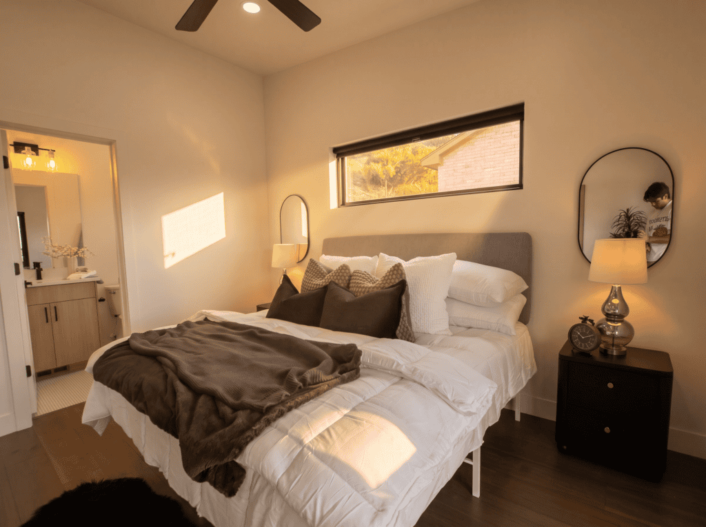 Bozeman Kit home interior by Zip Kit Homes. Mountain modern interior primary bedroom.
