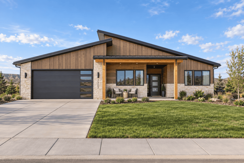 Contemporary Zip Kit home with wooden exterior and large windows.