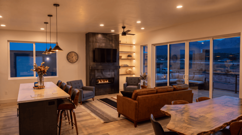 Zip Kit Homes Model Home Columbia Floor Plan Open concept living, Kitchen, and dining room.