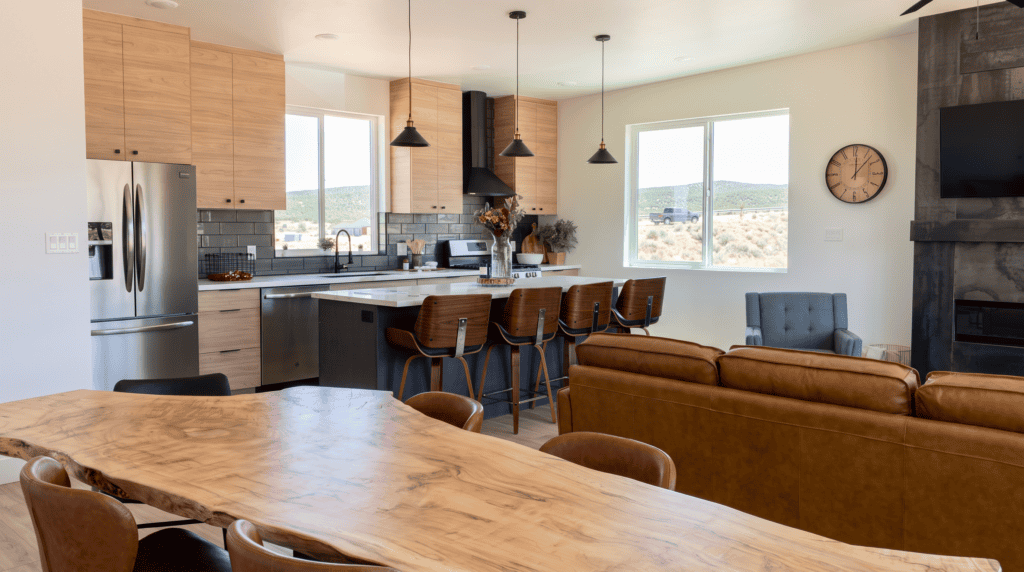 Zip Kit Homes Model Home Columbia open concept kitchen, dining, and living room.