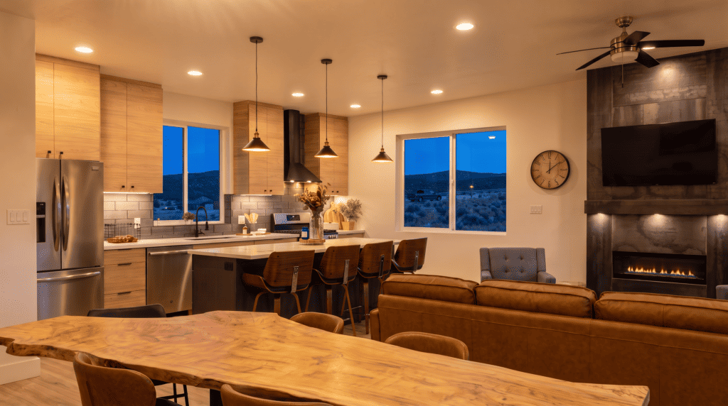 Zip Kit Homes Model Home Columbia Floor Plan. Open concept living, Kitchen, and dining room. Kit Home Interior design.