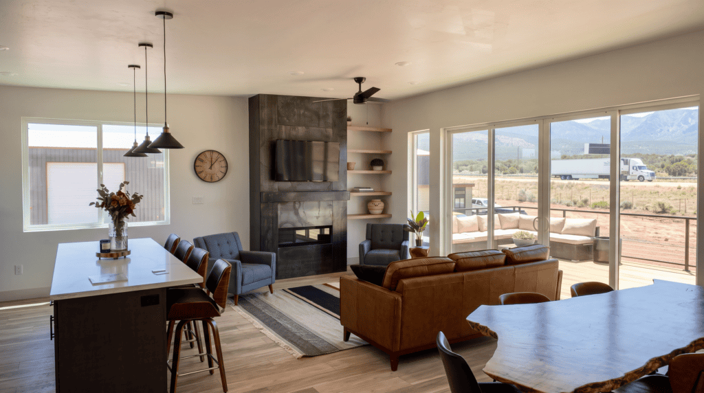 Zip Kit Homes Model home living room, kitchen and dining. Mountain modern interior styling in a Home Kit.