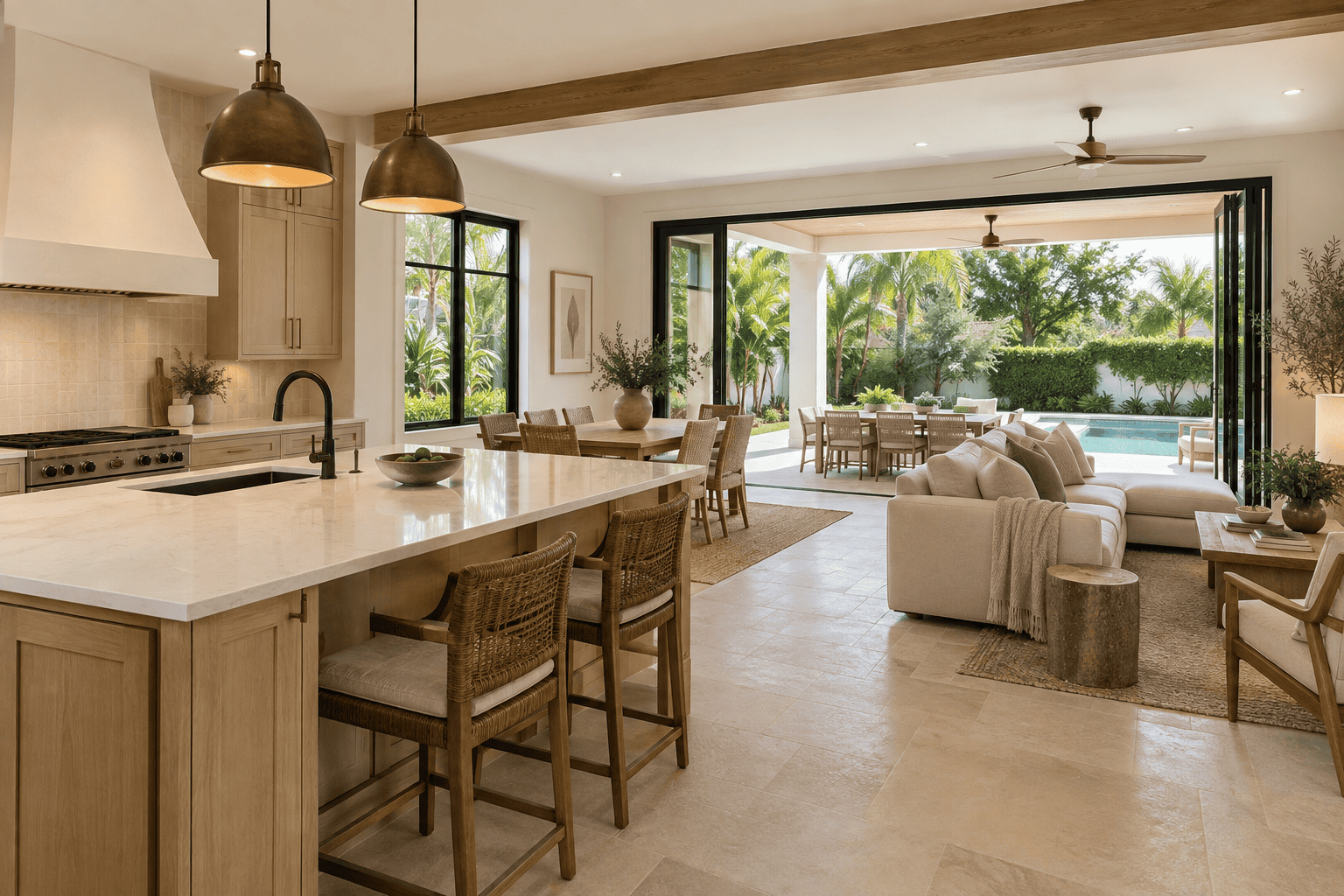 Spacious open-plan living area with kitchen and outdoor view in Florida.