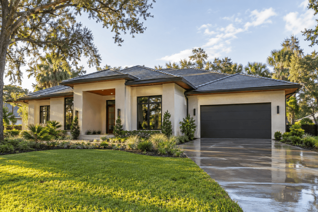 Contemporary Florida house with a large driveway and lush landscaping.