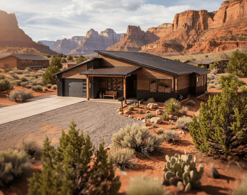 Contemporary Zip Kit home with wooden exterior and large windows.