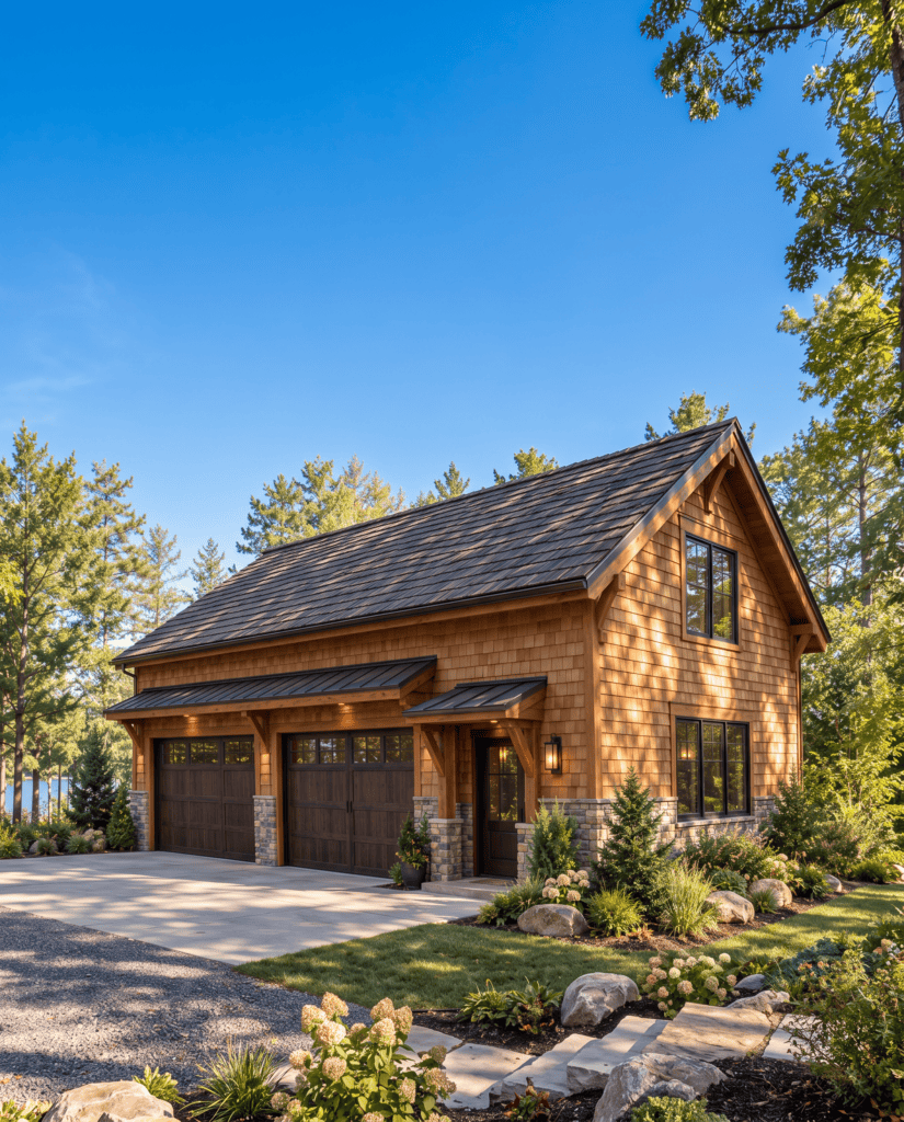 Apache panelize kit home by Zip Kit Homes. Detached garage with one bedroom apartment with Lake House exterior.