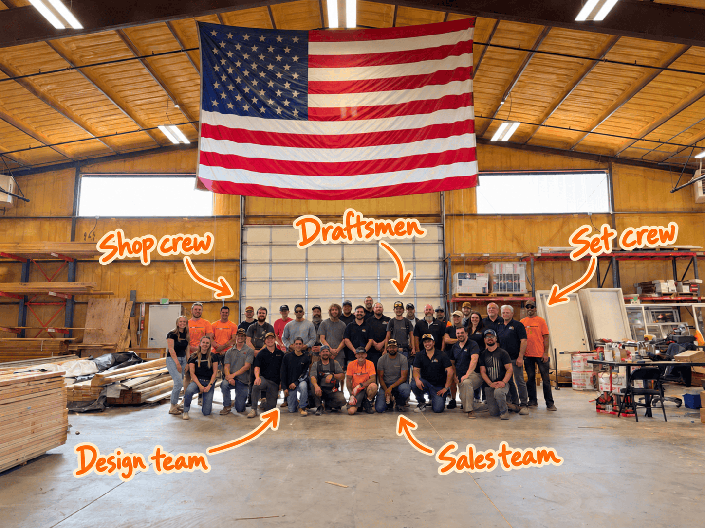 Group photo of Zip Kit Homes team inside a warehouse with American flag overhead.