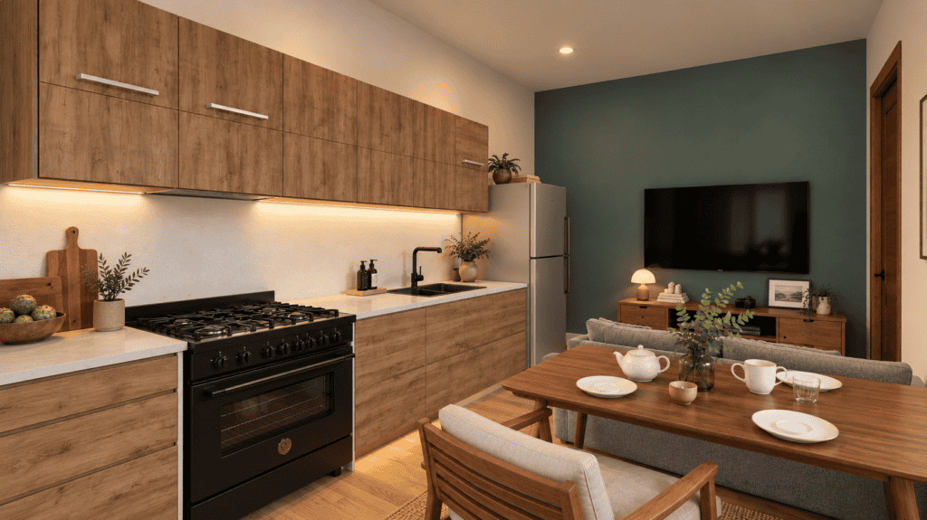 Dakota interior floor plan in Kitchen and living space.
