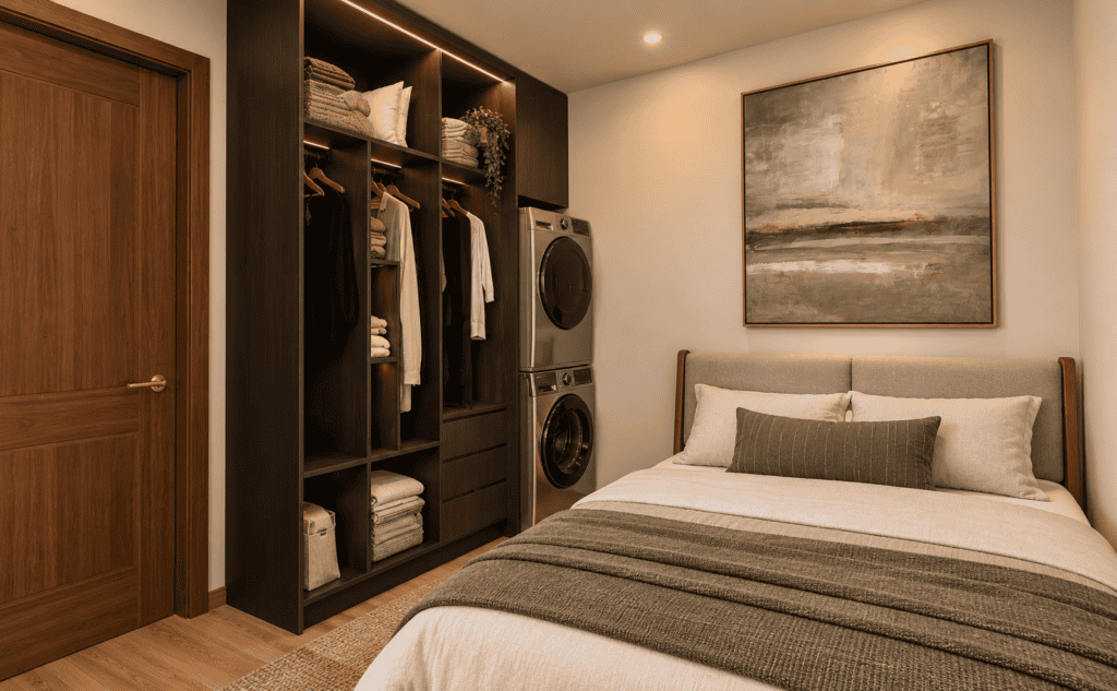 Dakota interior of bedroom. Modular home for workforce housing.