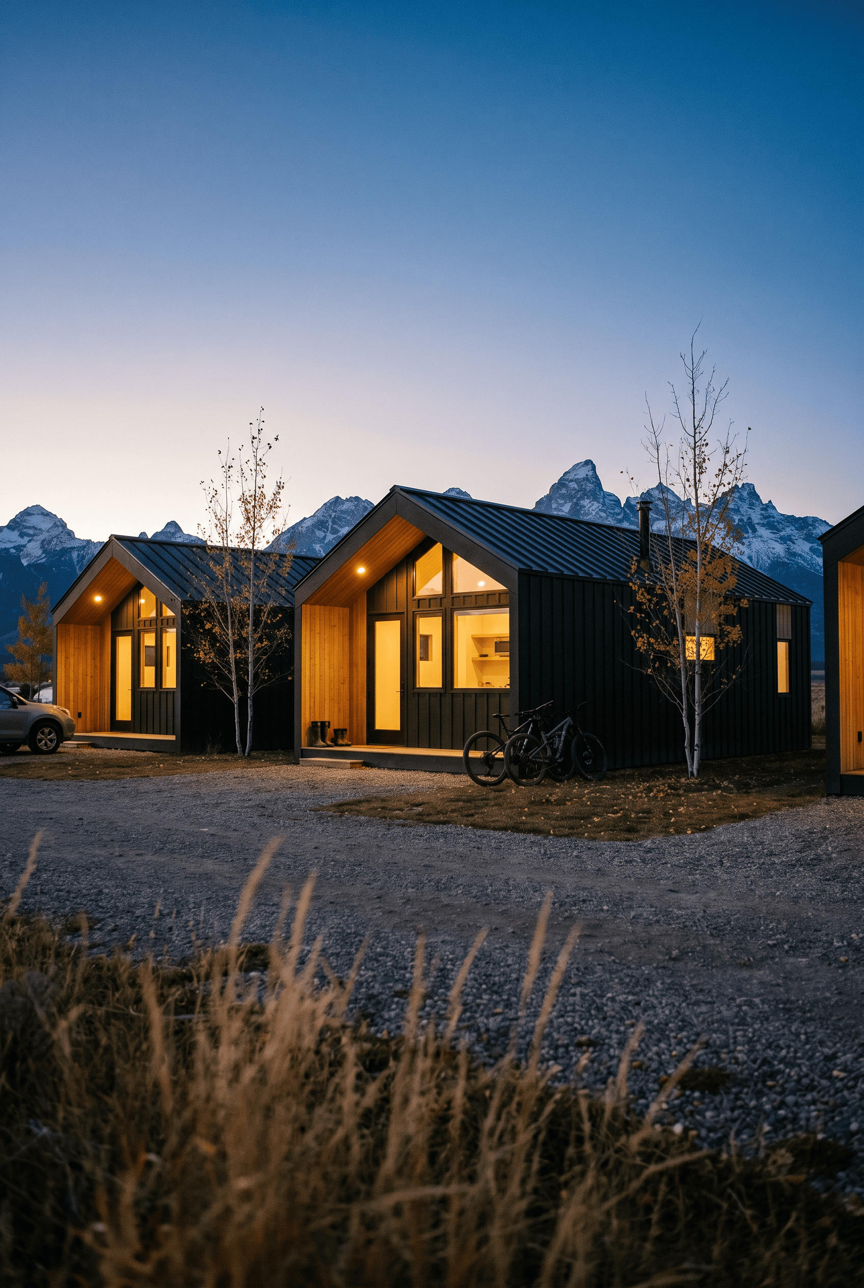 Gallatin II Modular Home in Tetonia Idaho at dusk by zip kit homes