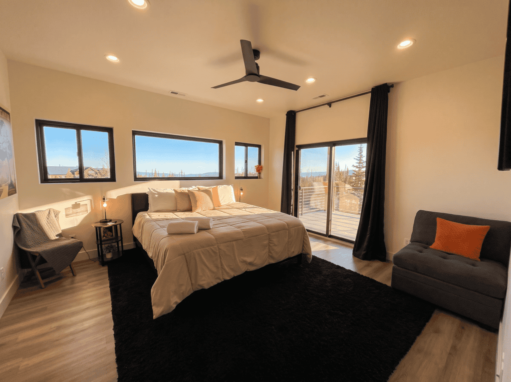 Sunset Lodge in Brian Head Utah kit home by zip kit homes. Second Master bedroom or primary bedroom.
