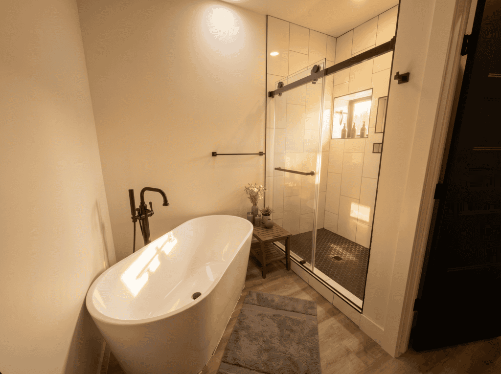 Contemporary bathroom with freestanding tub and glass shower enclosure.